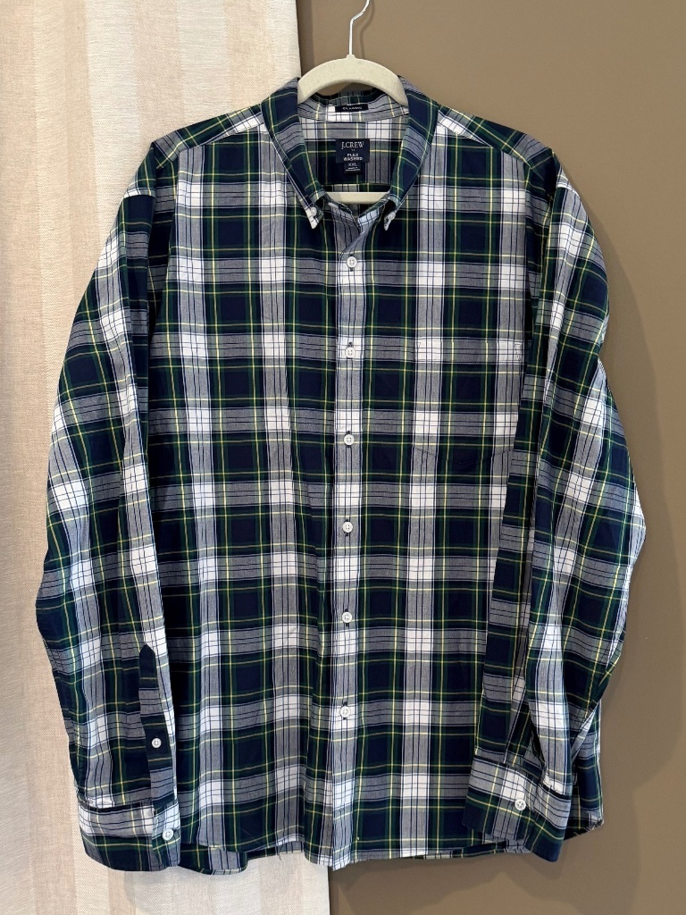 J. Crew Green & Navy Plaid Button Down Long Sleeve Flex Wash, Size XXL